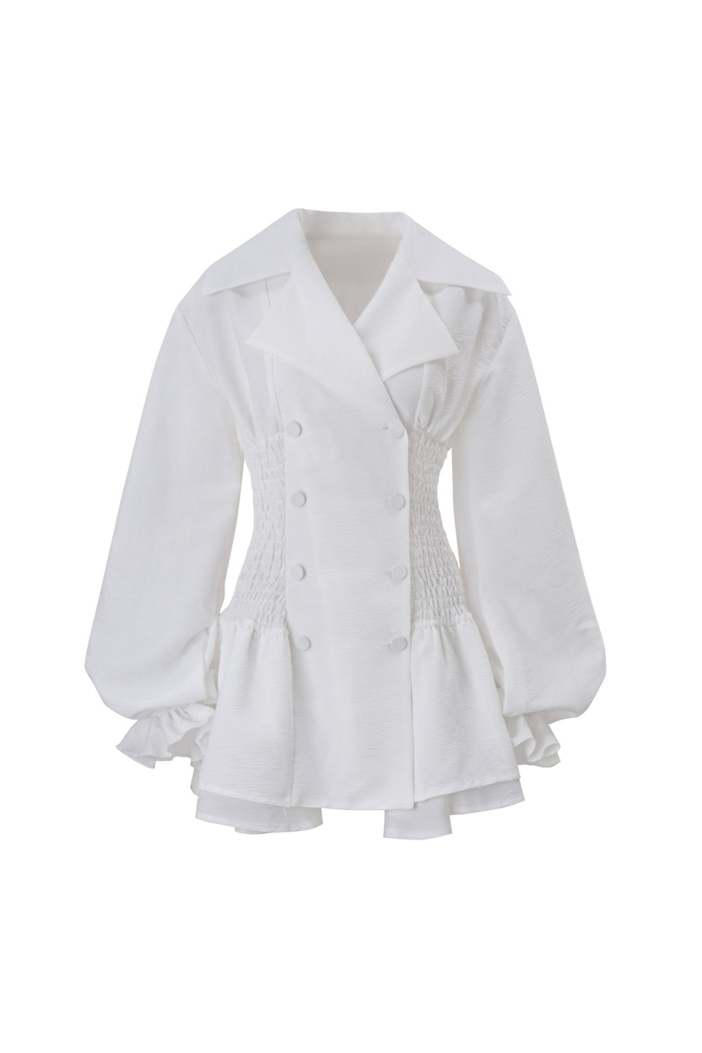 Aenobia Large Button Puff Sleeve Mini Dress in White