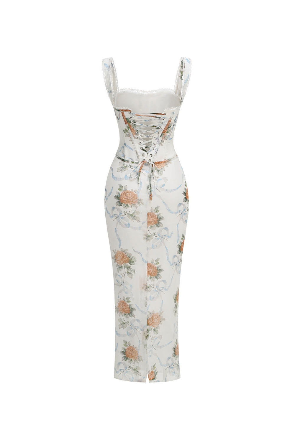 White Floral Print Fitted Corset Maxi Dress
