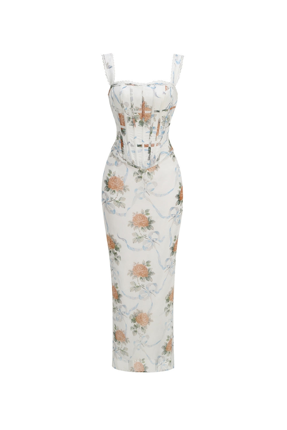 White Floral Print Fitted Corset Maxi Dress