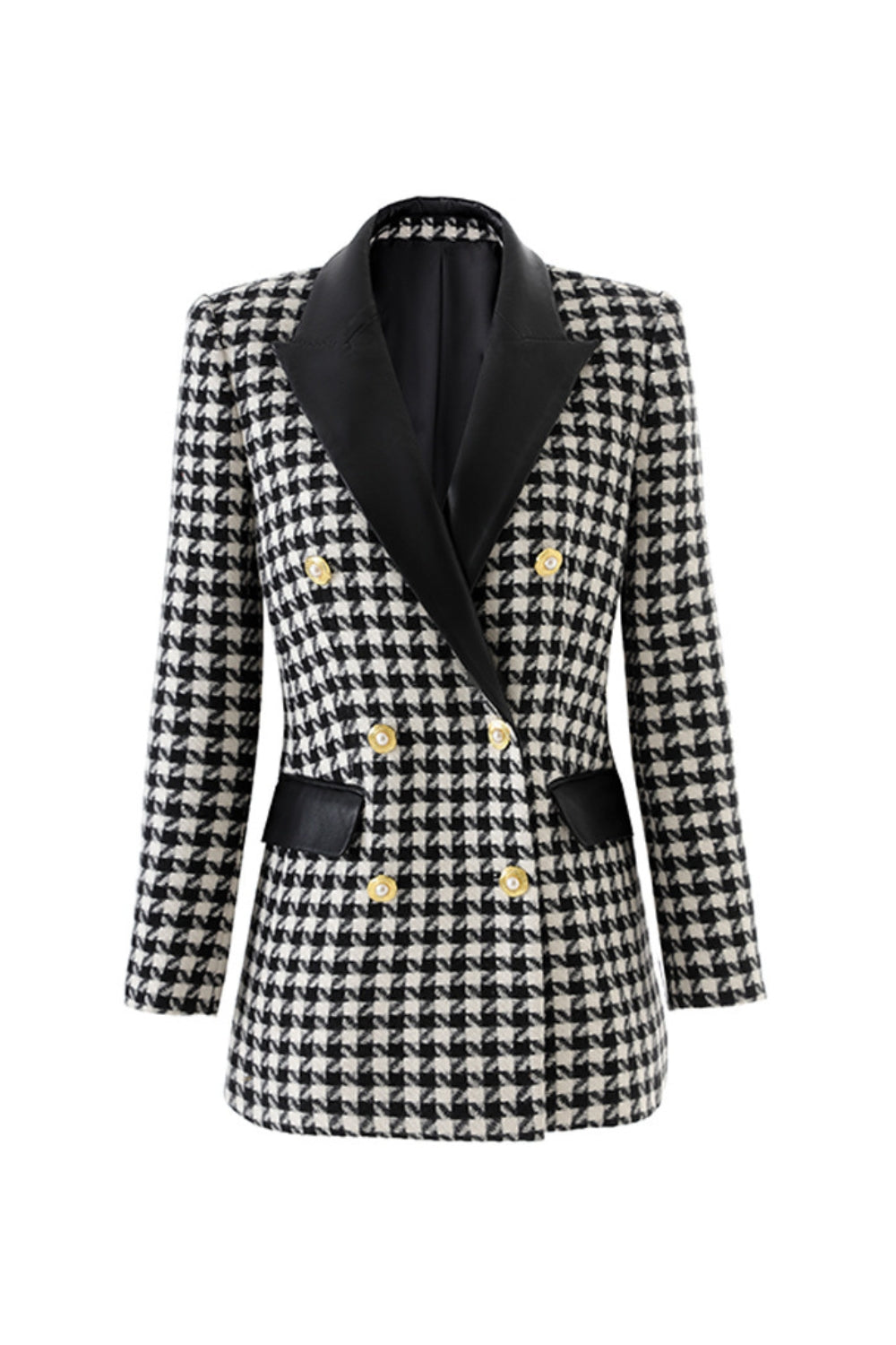 Black Double-Breasted Houndstooth Wool-Blend Blazer
