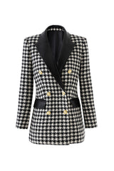Black Double-Breasted Houndstooth Wool-Blend Blazer