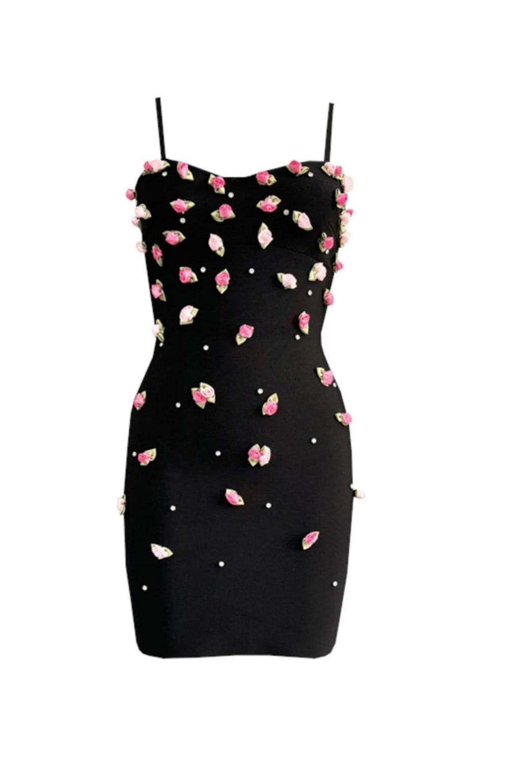 Black 3D Rose Appliques Bodycon Mini Dress