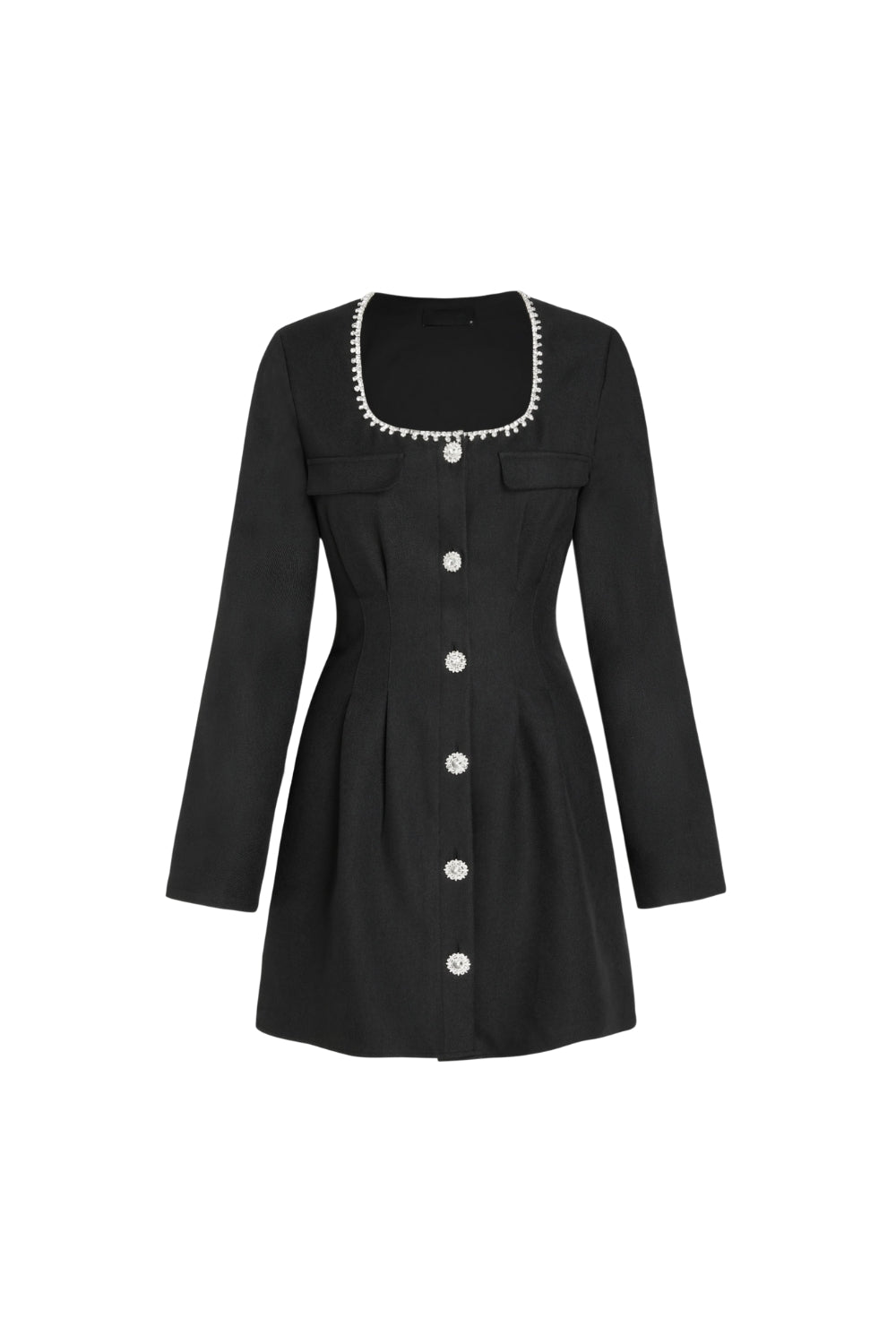 Black Square Neck Rhinestone Mini Dress