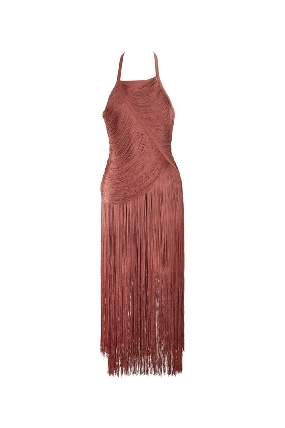 Halter Fringe Maxi Dress in Brown