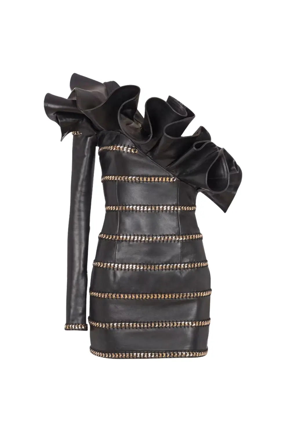One Shoulder Leather Ruffle Mini Dress
