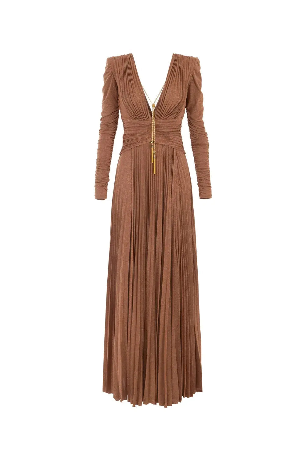 Deep V Puff Sleeve Maxi Dress in Brown