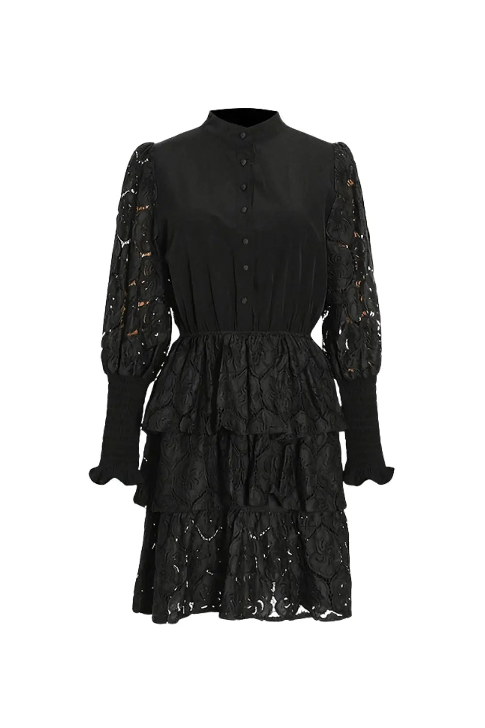 Long Sleeves Layered Lace Mini Dress in black