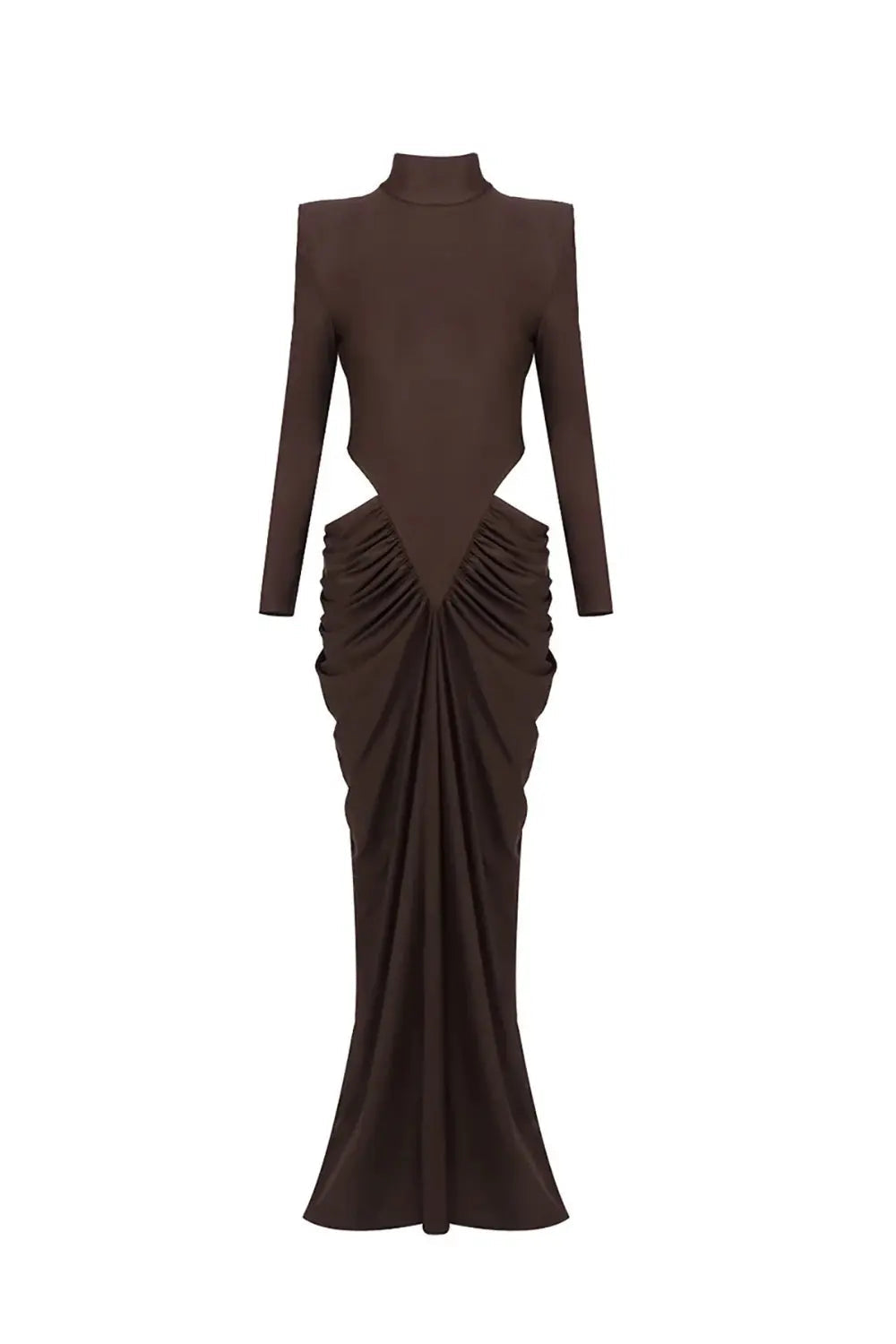 Turtleneck Long Sleeve Cutout Bodycon Gown in Brown