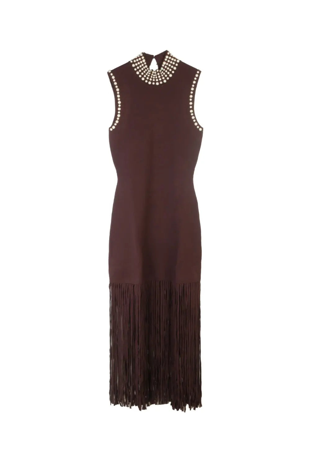 Brown Fringe Knit Embellished Sleevless Midi Dress