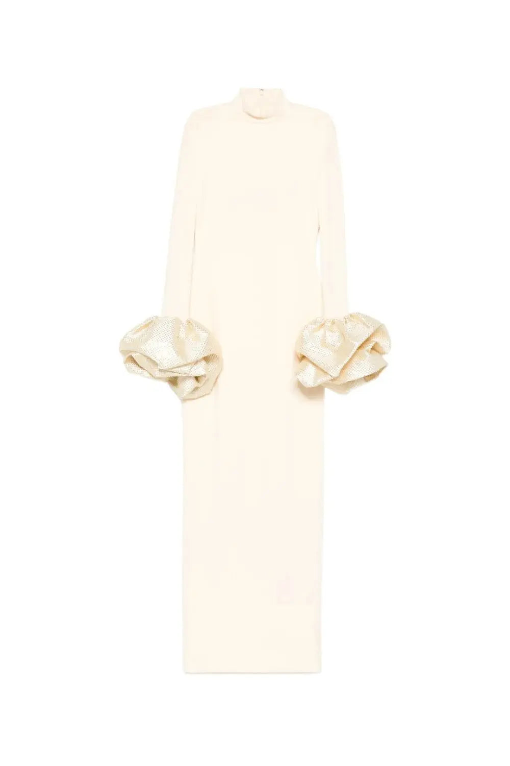 White Ruffled Crystal-Embellished crepe Mock-Neck Gown