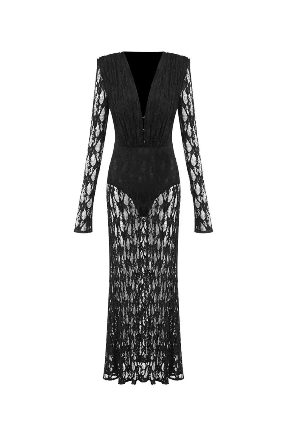 V Neck Hollow Long Sleeve Lace Maxi Dress in Black