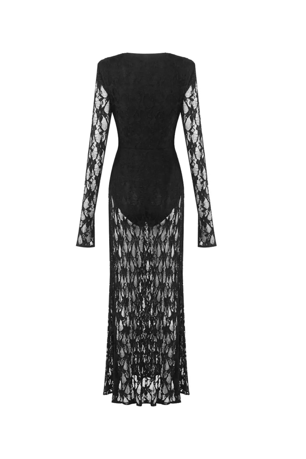 V Neck Hollow Long Sleeve Lace Maxi Dress in Black