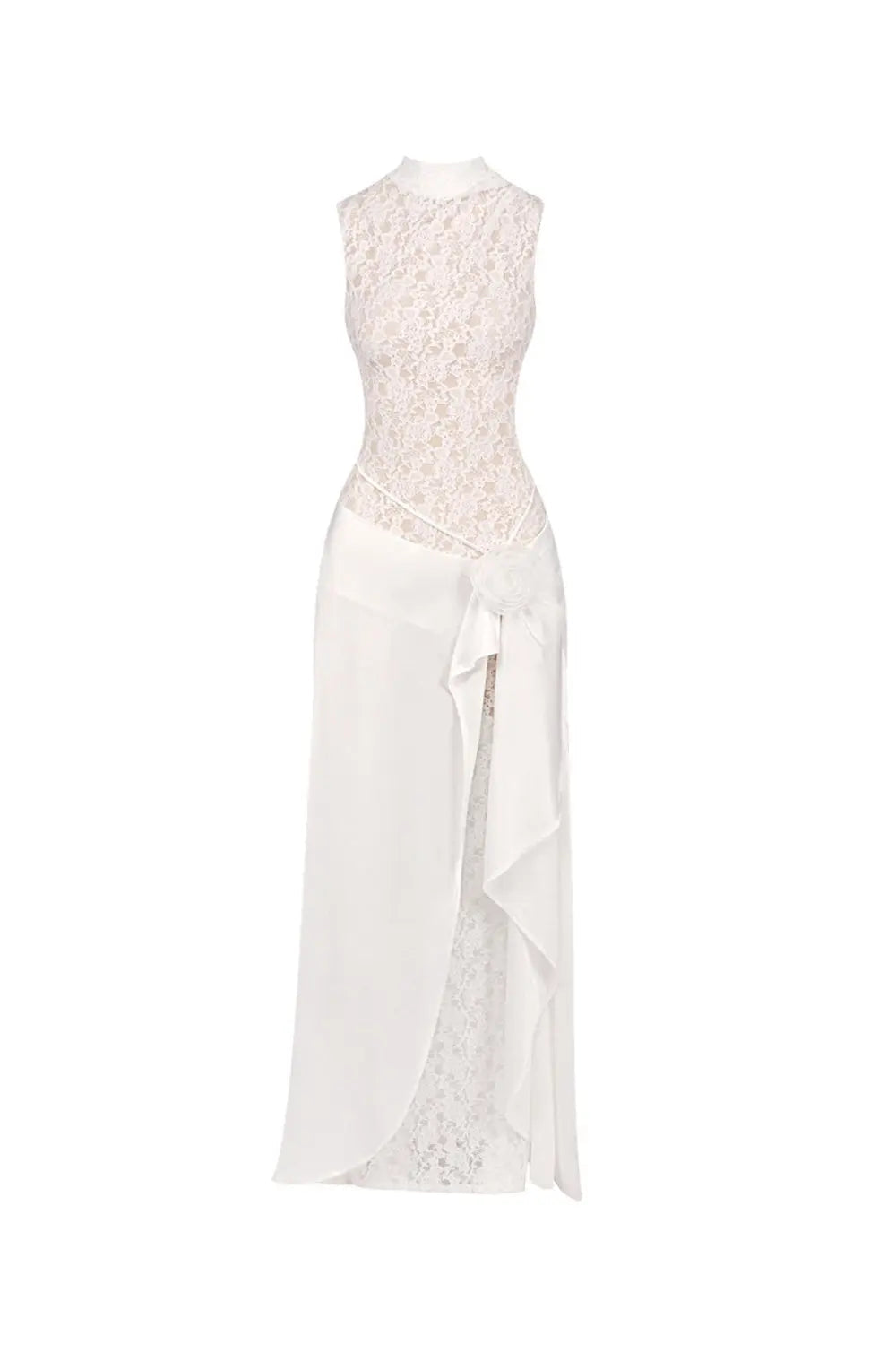Flower Embellished Sleeveless Lace Maxi Dress in White