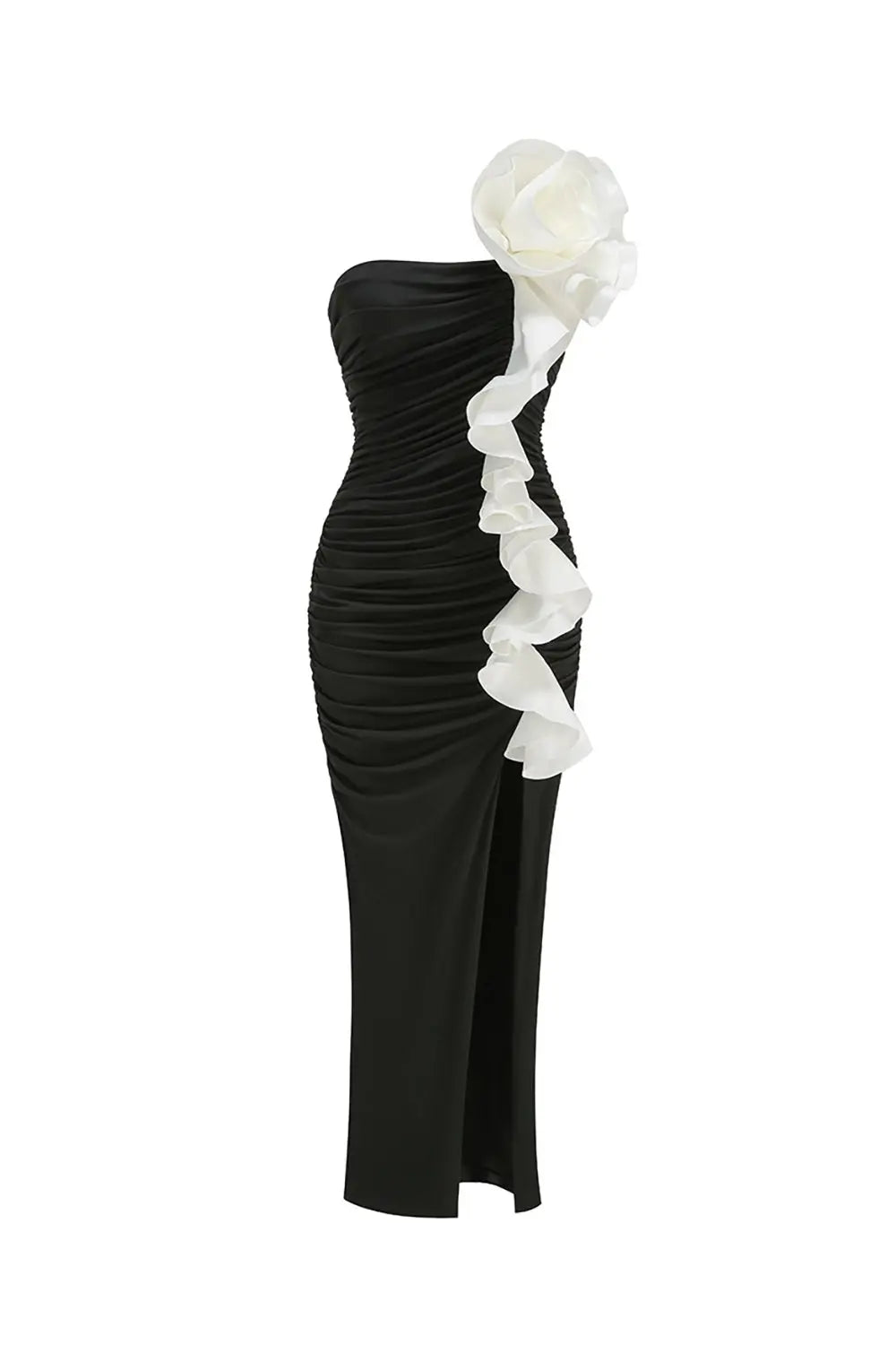 One Shoulder Peony Ruffle Gown in Black