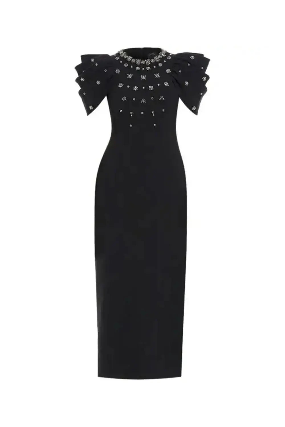 Crystal-Embellished Crepe Bodycon Gown in Black