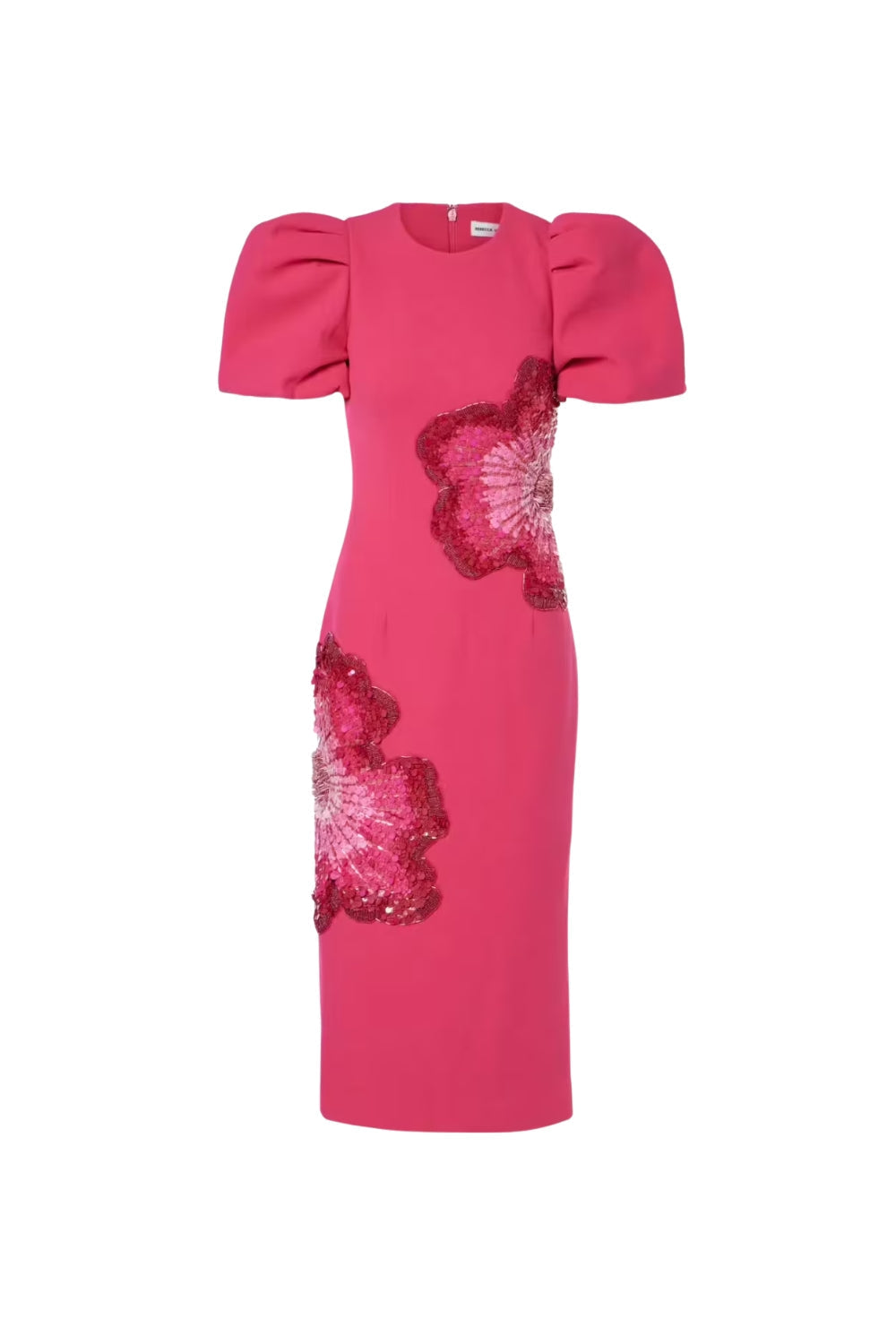 Sequin Flower Embellished Puff Sleeve Midi Dress in Pink