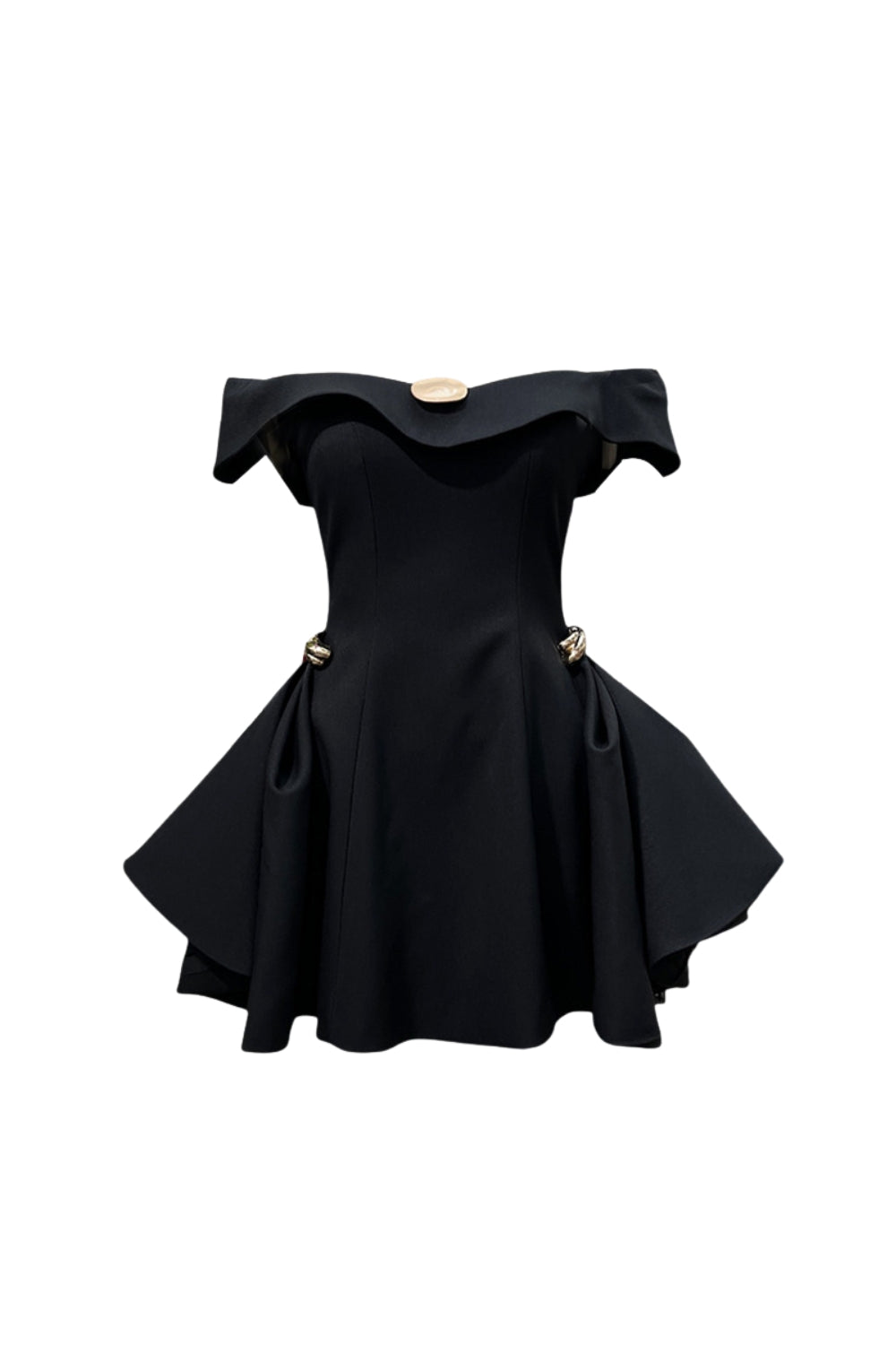 Metal Detail A-Line Off-Shoulder Mini Dress in Black