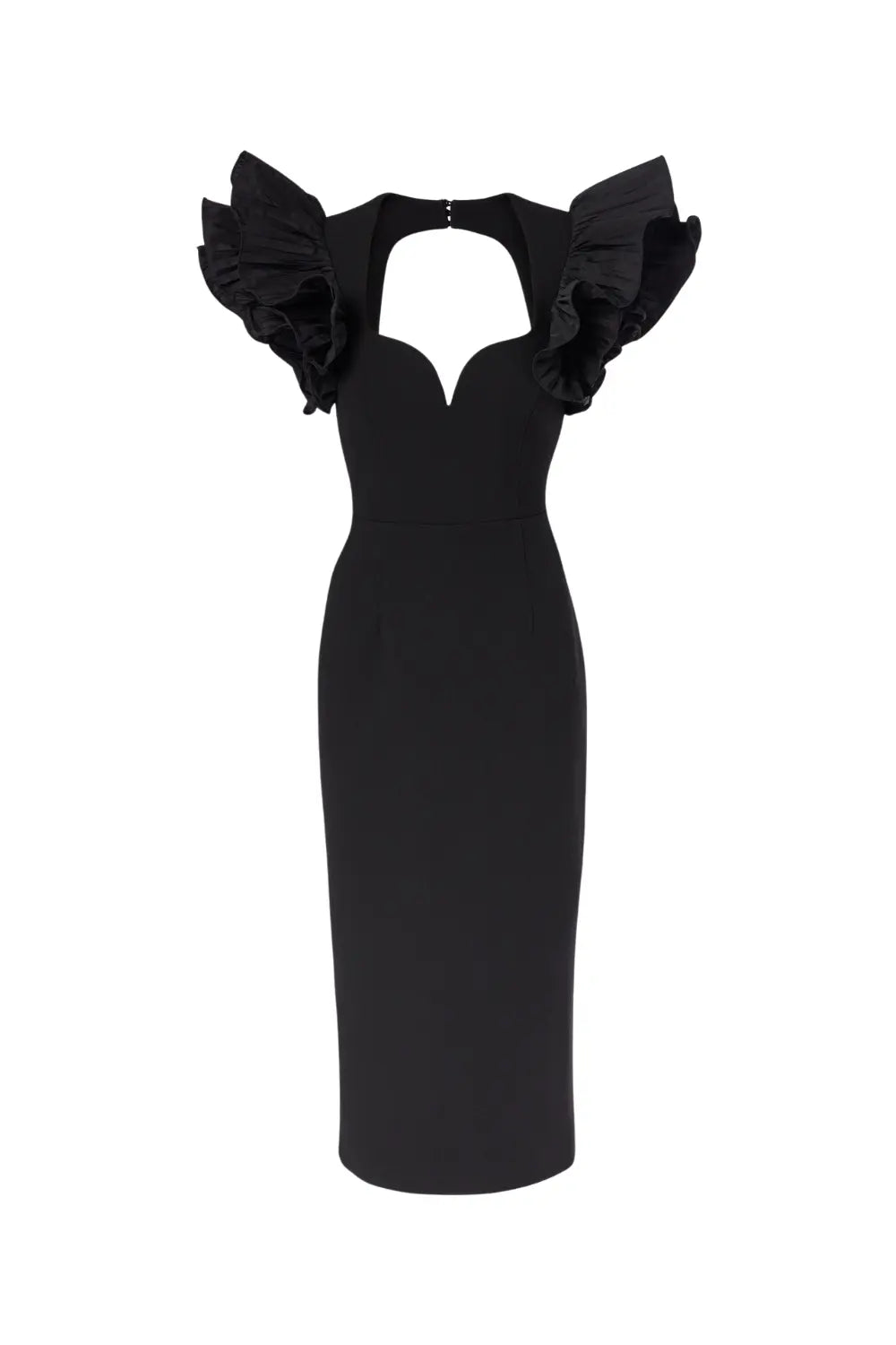 Blanche Ruffle Crepe Midi Dress in Black