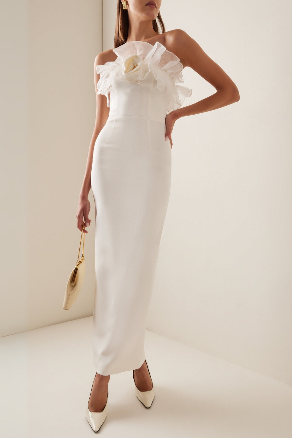 Ruffled Silk Midi Dress in Beige