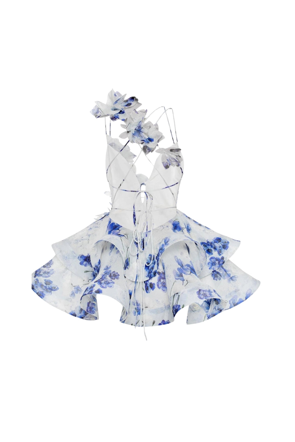 3D Flower Ruffle Mini Dress in Blue