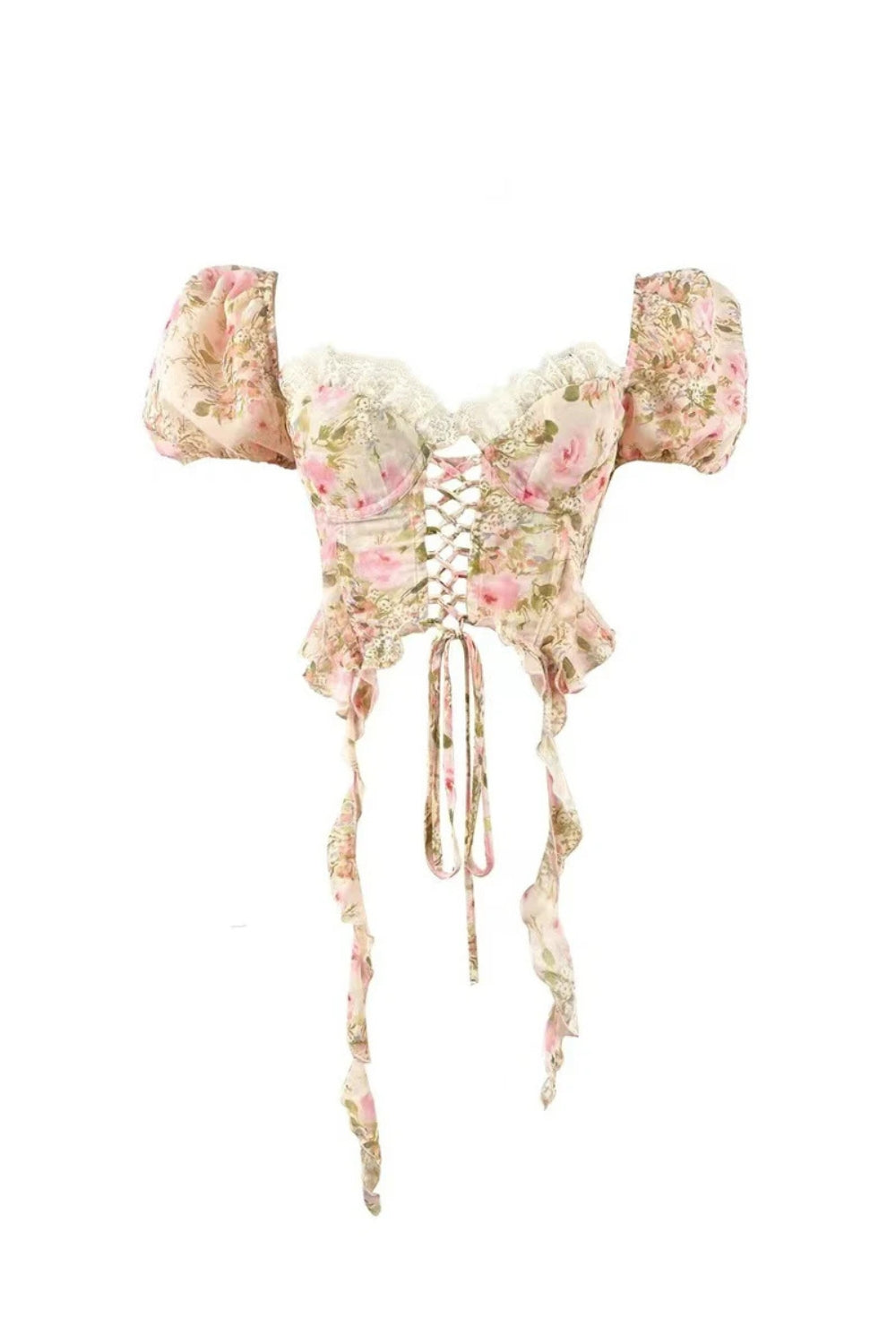 Pink Tie-Drape Shirt with Ruffled Puff Sleeves