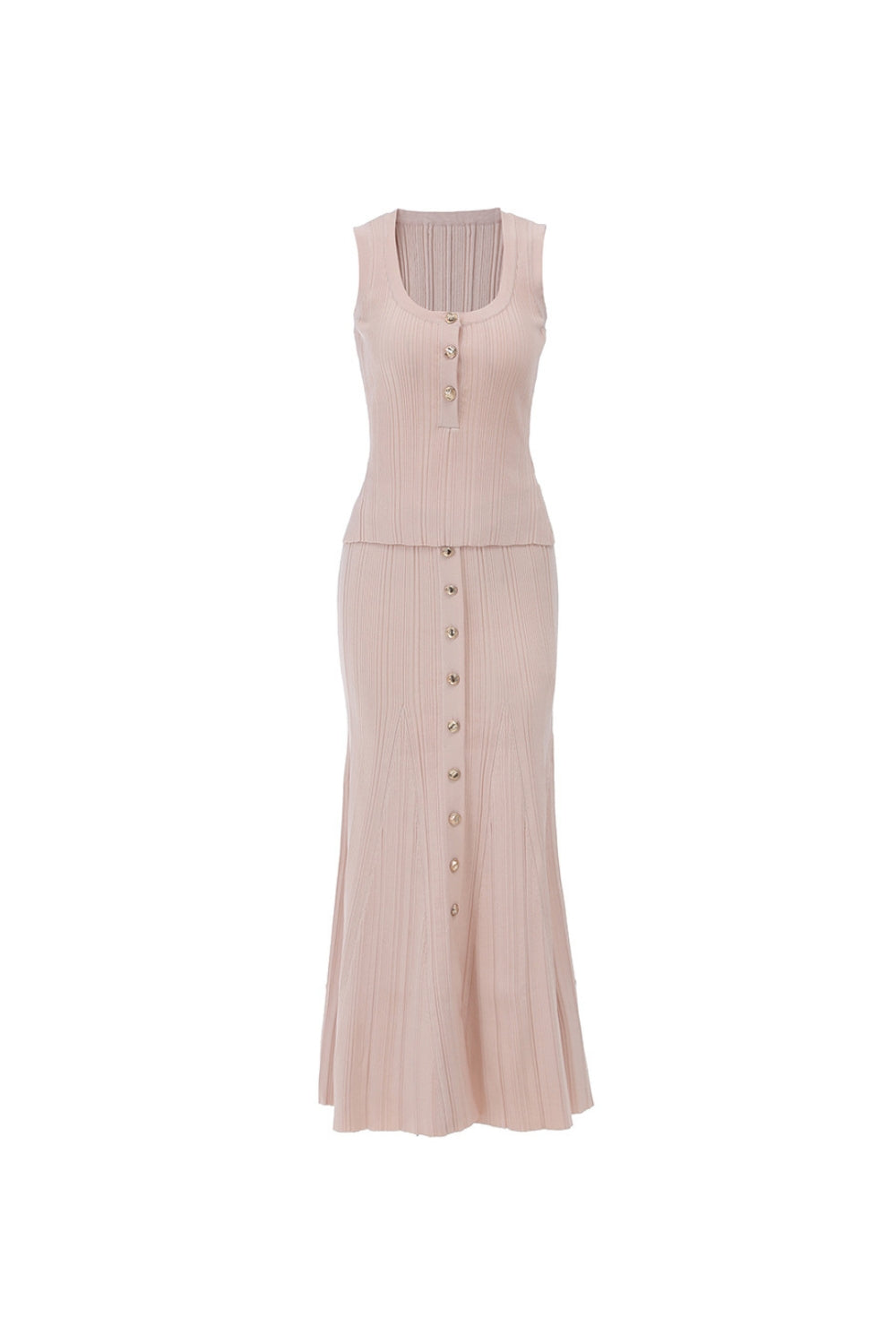Sleeveless Knitted Dress Top Skirt Set in Apricot