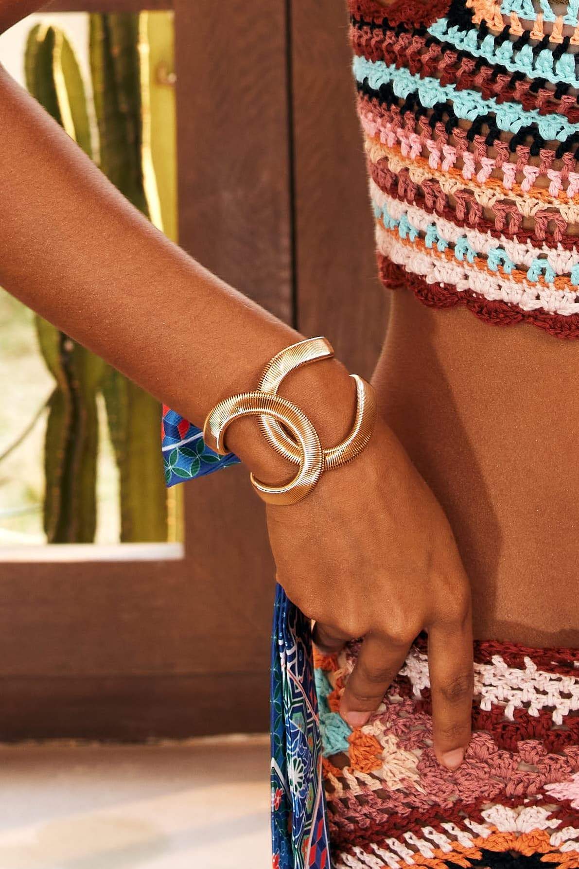 Ribbed Texture Gold Open Cuff Bangle Bracelet