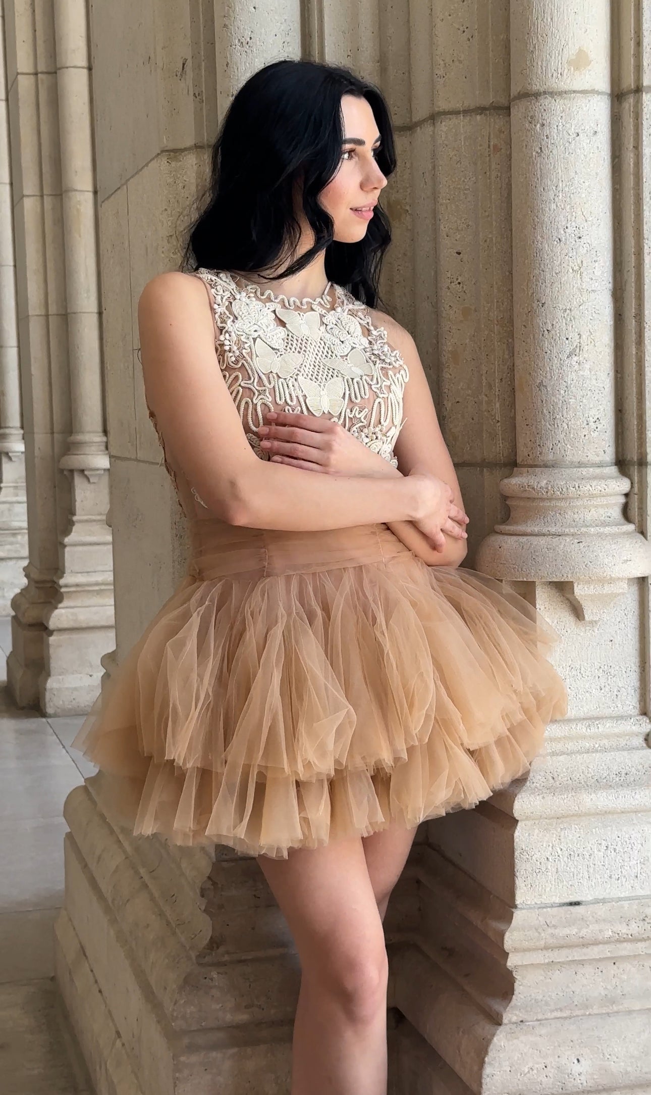 Beige Mini Dress with 3D Applique