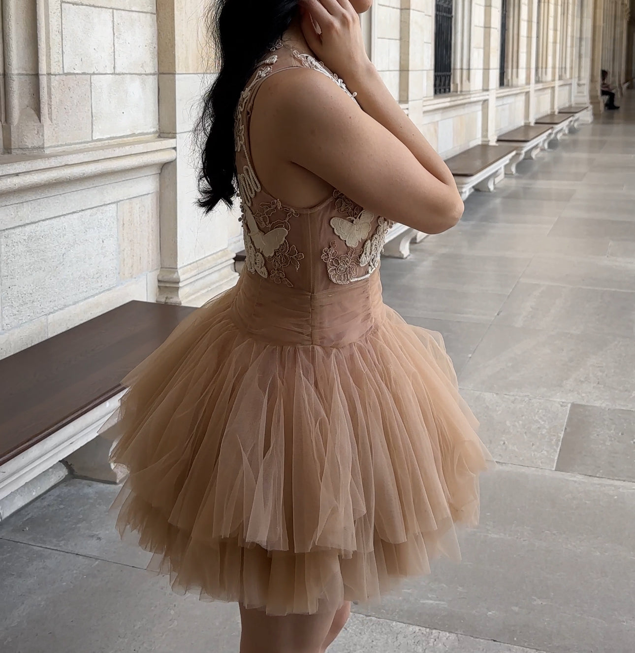 Beige Mini Dress with 3D Applique