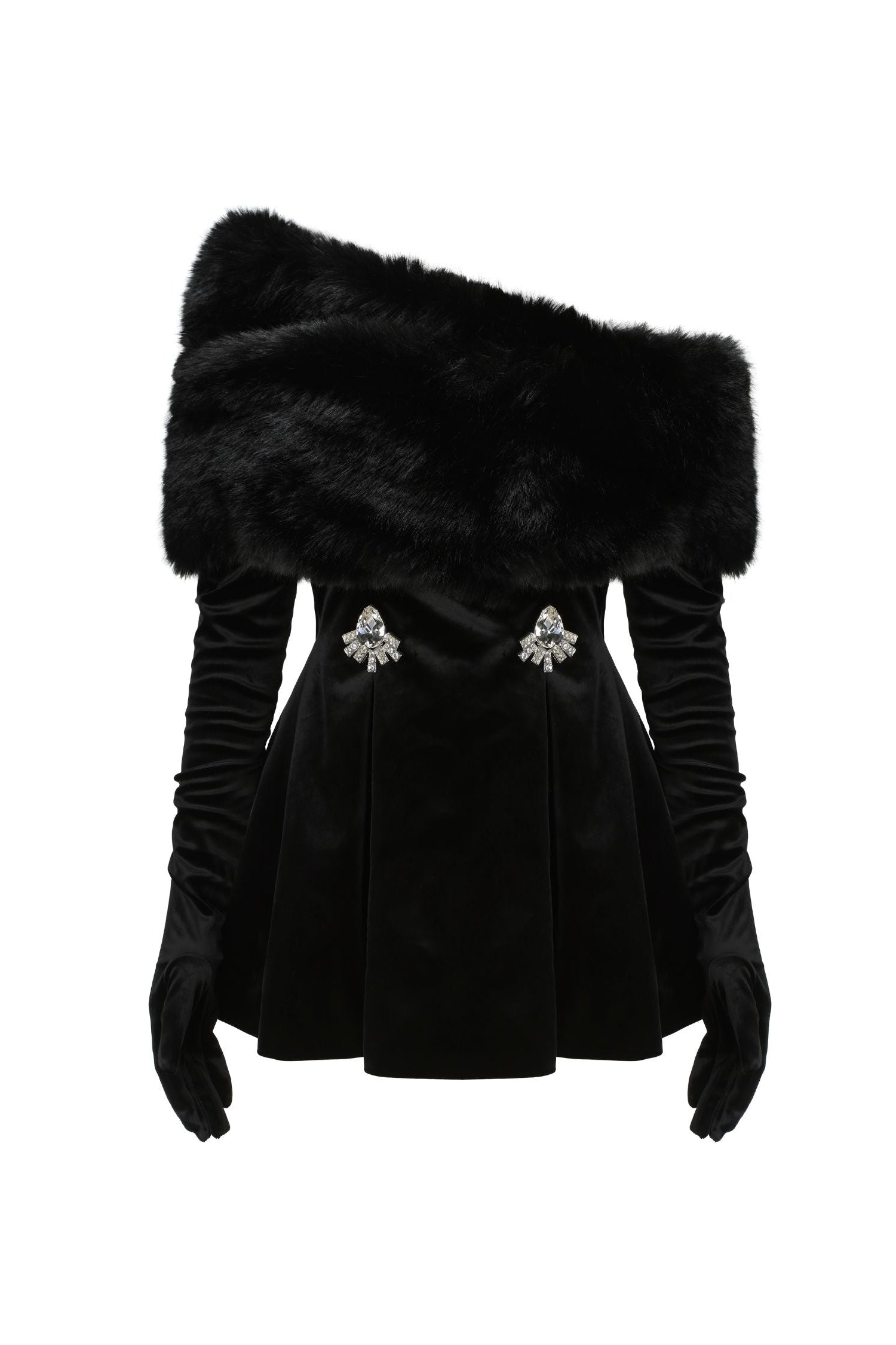 Long Sleeve Fur Mini Dress in Black