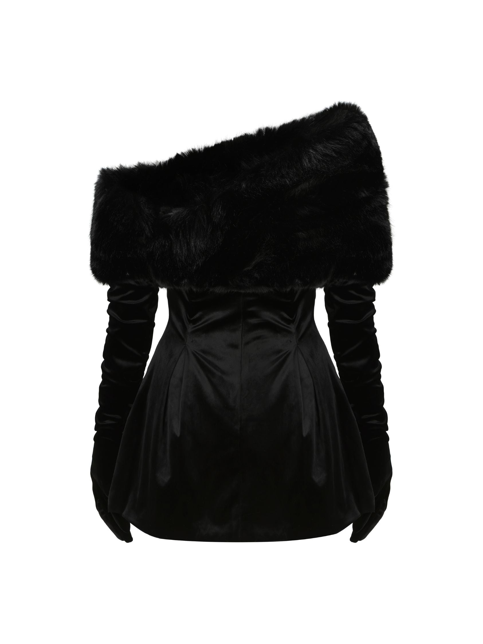 Long Sleeve Fur Mini Dress in Black
