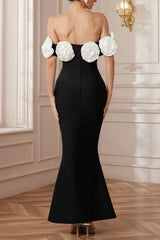 Black Haute Ribbon-Corset White Flower Maxi Dress