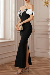 Black Haute Ribbon-Corset White Flower Maxi Dress