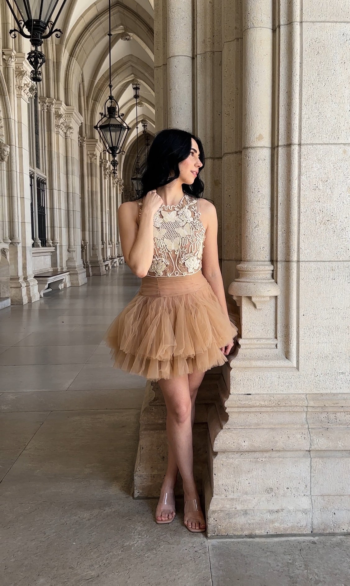 Beige Mini Dress with 3D Applique