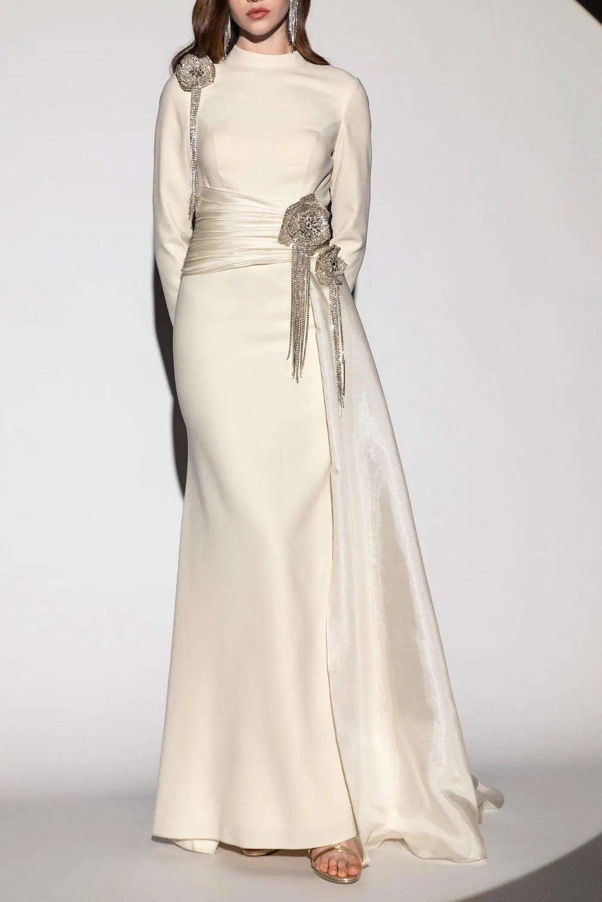 Crystal Flower Long-Sleeve Lace Maxi Dress in Apricot