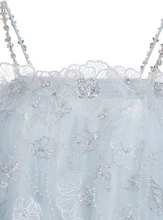 Light Blue Sleeveless Flower Diamond Short Doll Dress