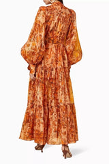 Printed Balloon Sleeve Maxi Dress in Brown
