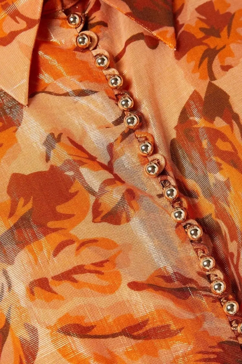 Printed Balloon Sleeve Maxi Dress in Brown