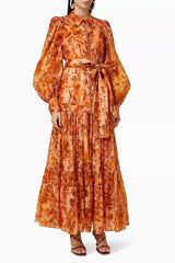 Printed Balloon Sleeve Maxi Dress in Brown