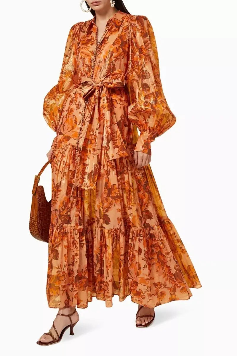 Printed Balloon Sleeve Maxi Dress in Brown