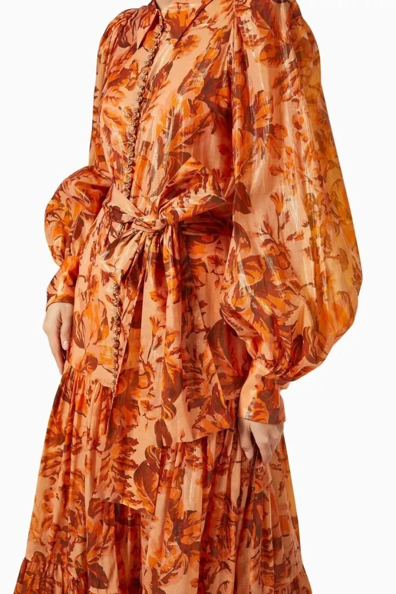 Printed Balloon Sleeve Maxi Dress in Brown