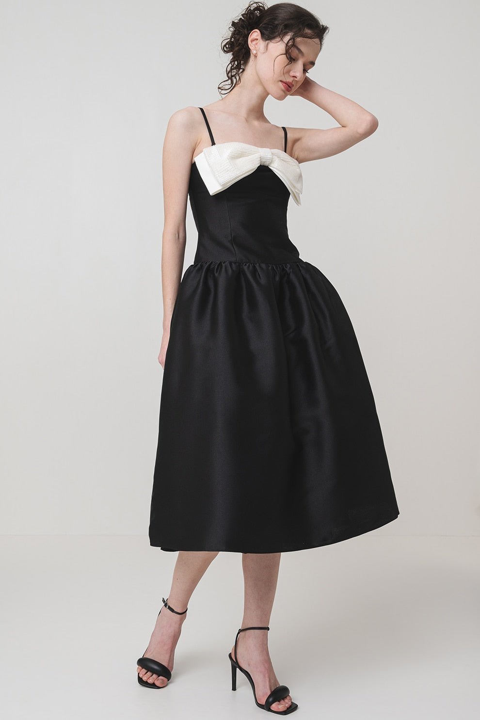 Bow-Detail Taffeta Midi Dress in Black