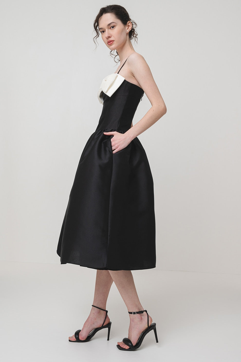Bow-Detail Taffeta Midi Dress in Black