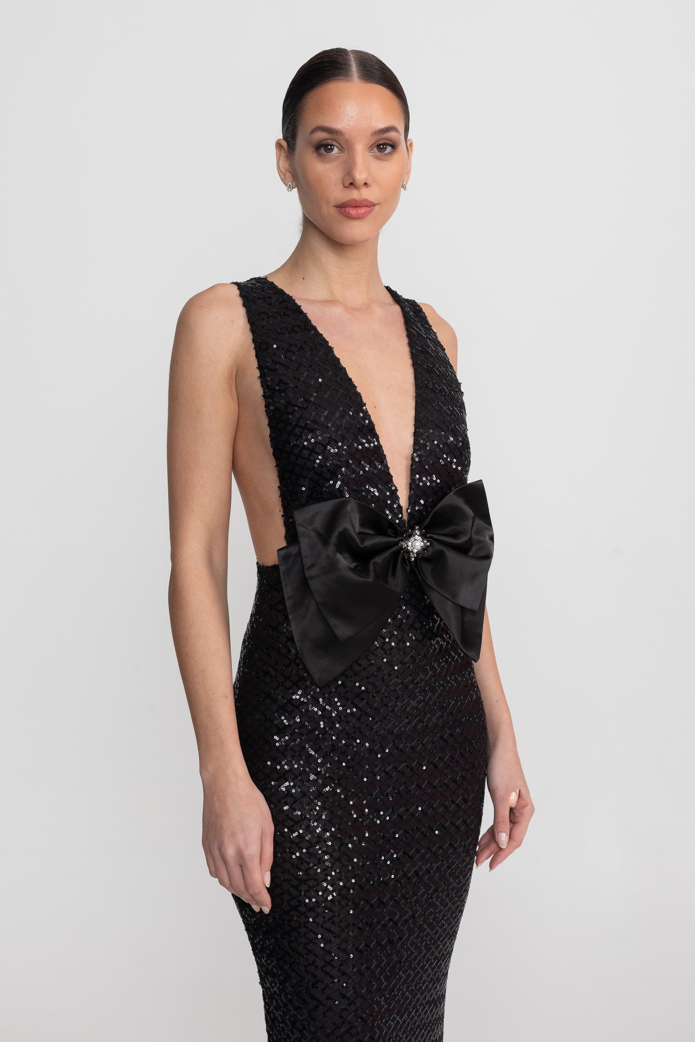 Sequin Maxi Dress With Satin Detail - Black