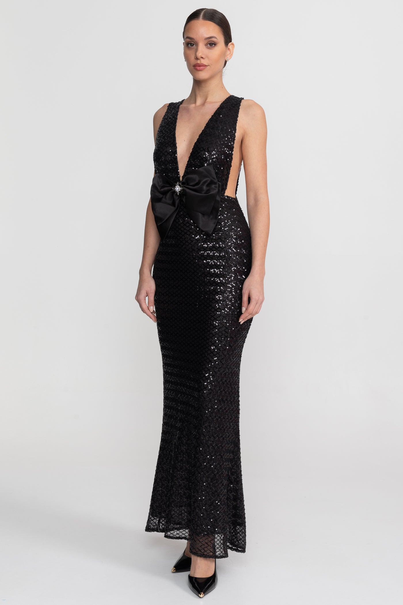 Sequin Maxi Dress With Satin Detail - Black