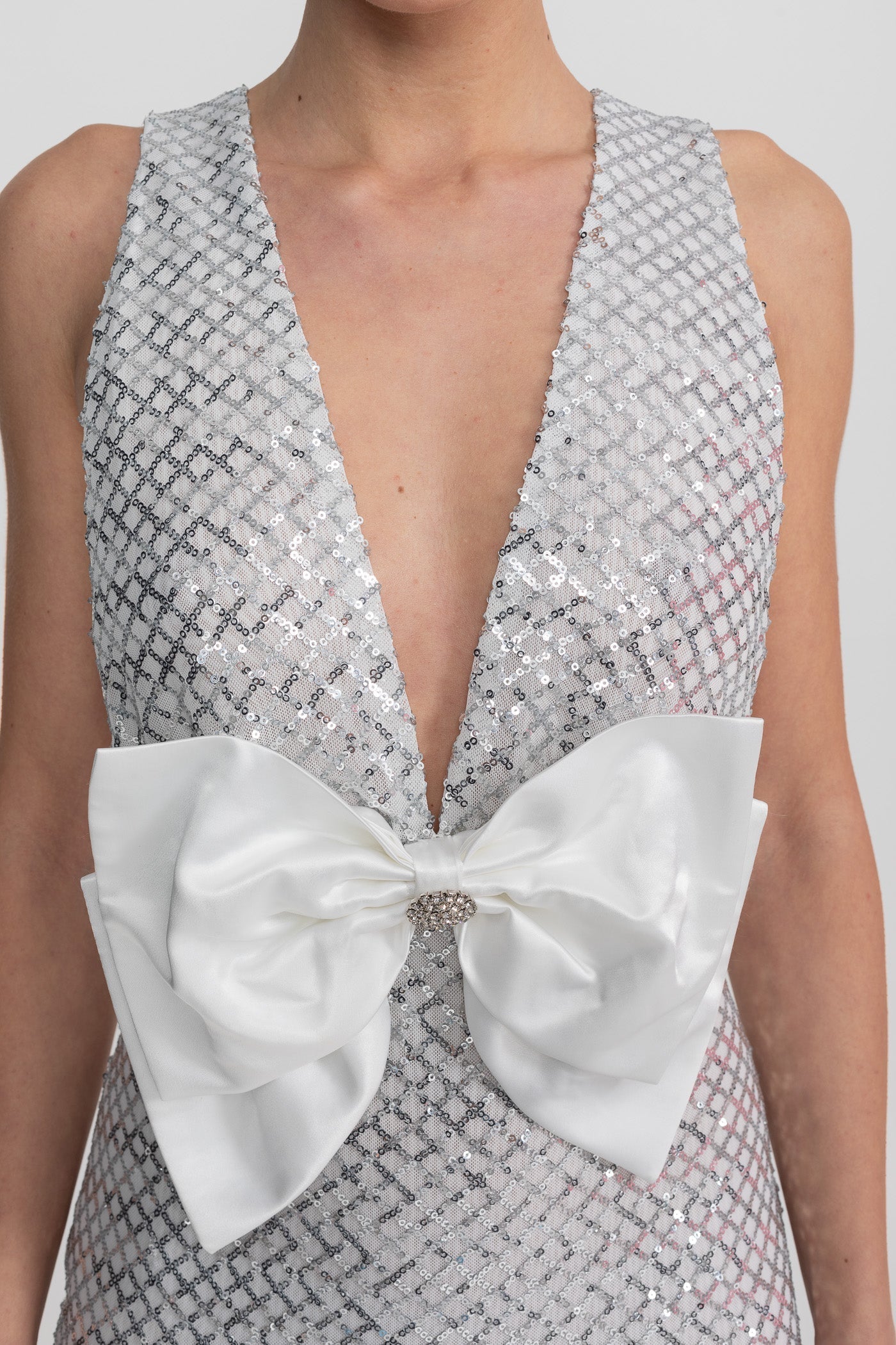 Sequin Maxi Dress With Satin Detail - Light Grey