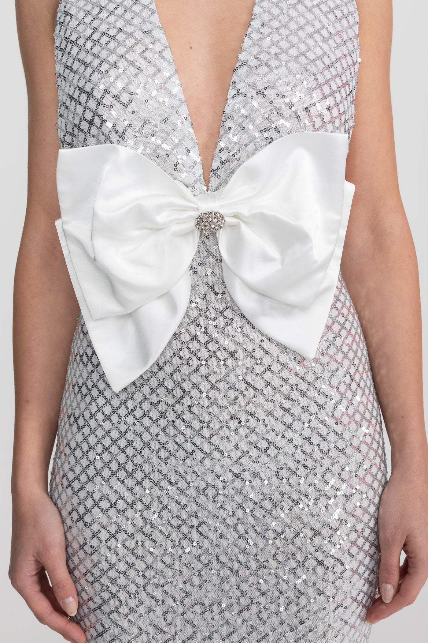 Sequin Maxi Dress With Satin Detail - Light Grey