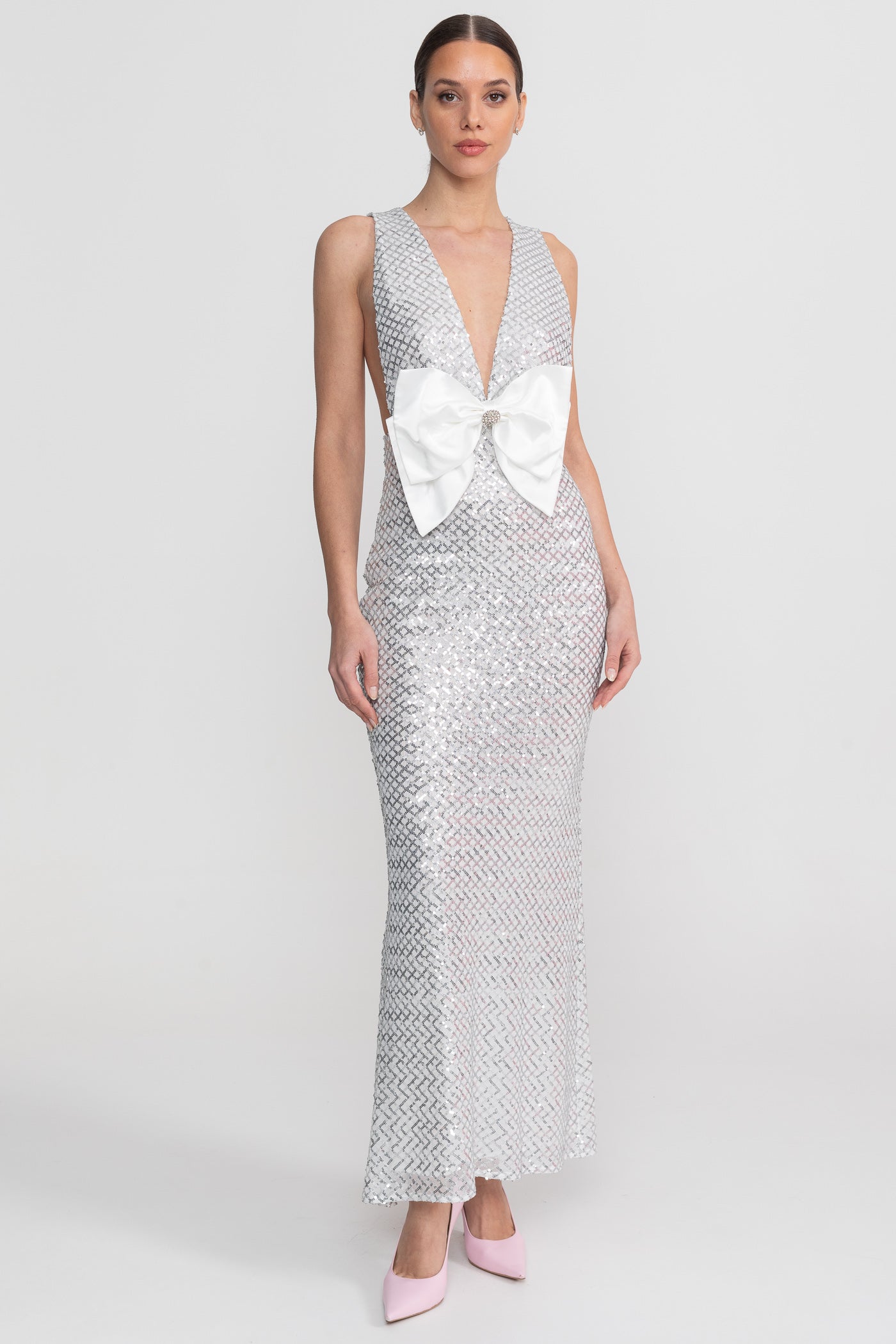 Sequin Maxi Dress With Satin Detail - Light Grey