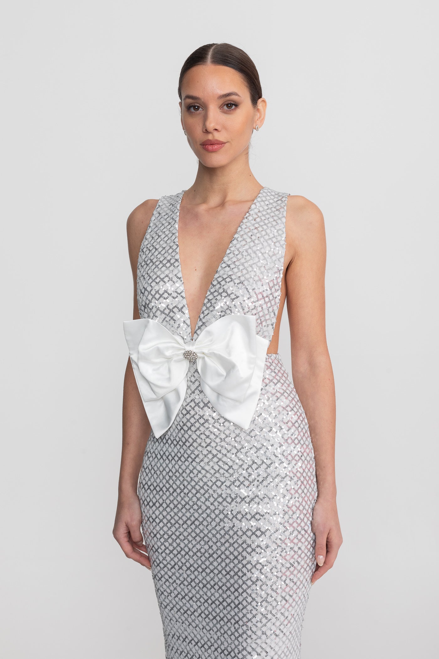 Sequin Maxi Dress With Satin Detail - Light Grey
