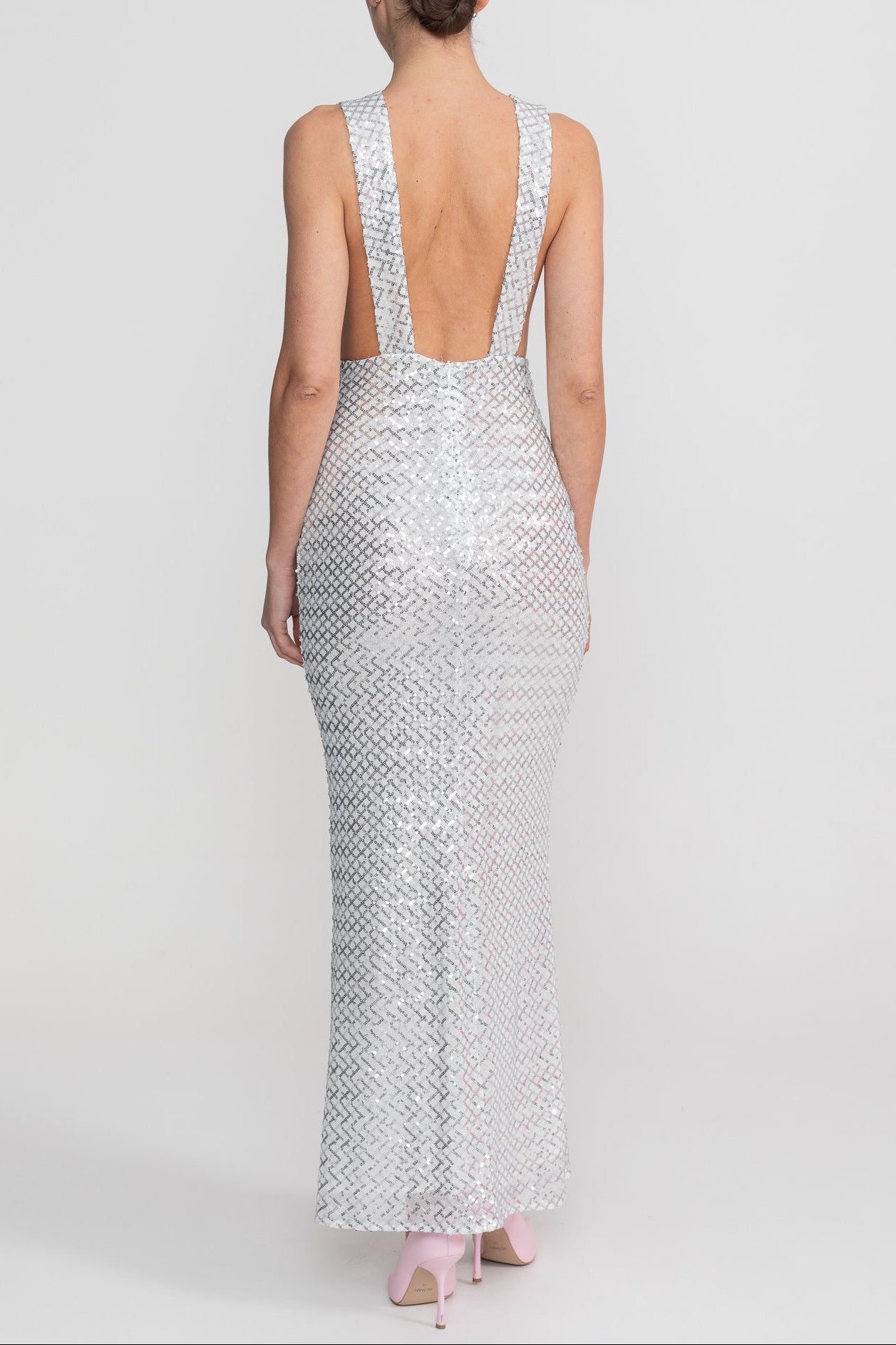 Sequin Maxi Dress With Satin Detail - Light Grey